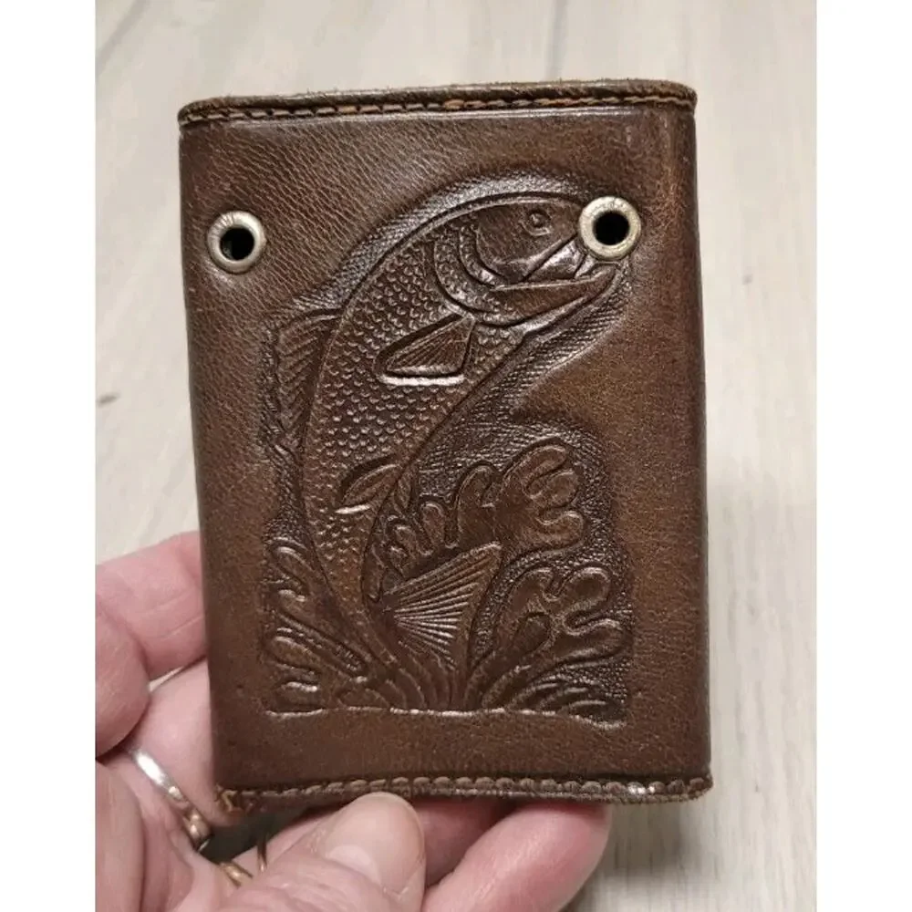 Vtg Mens Tooled Leather Bass Fish Key Case Brown 7 Key Chain Wallet Mexico